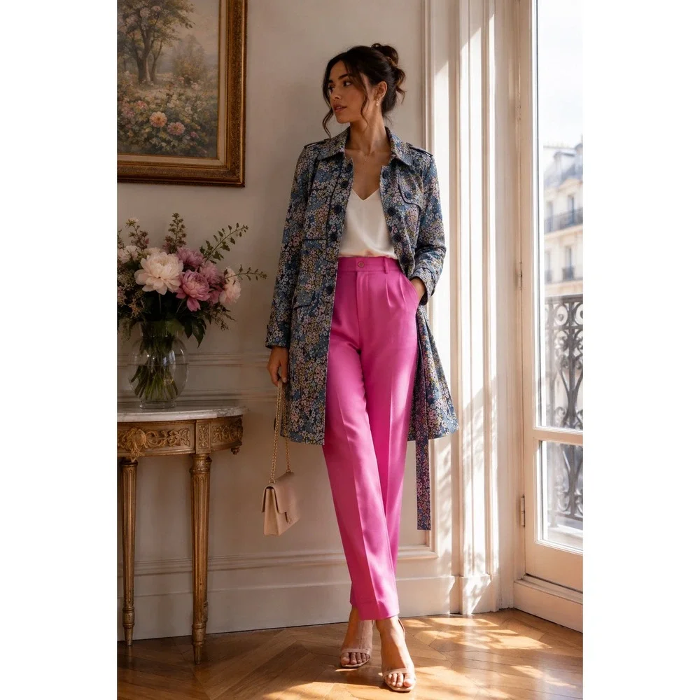 Elevenses Floral Trench Coat Women M 10 Blue Botanical Belted Jacket Cottagecore